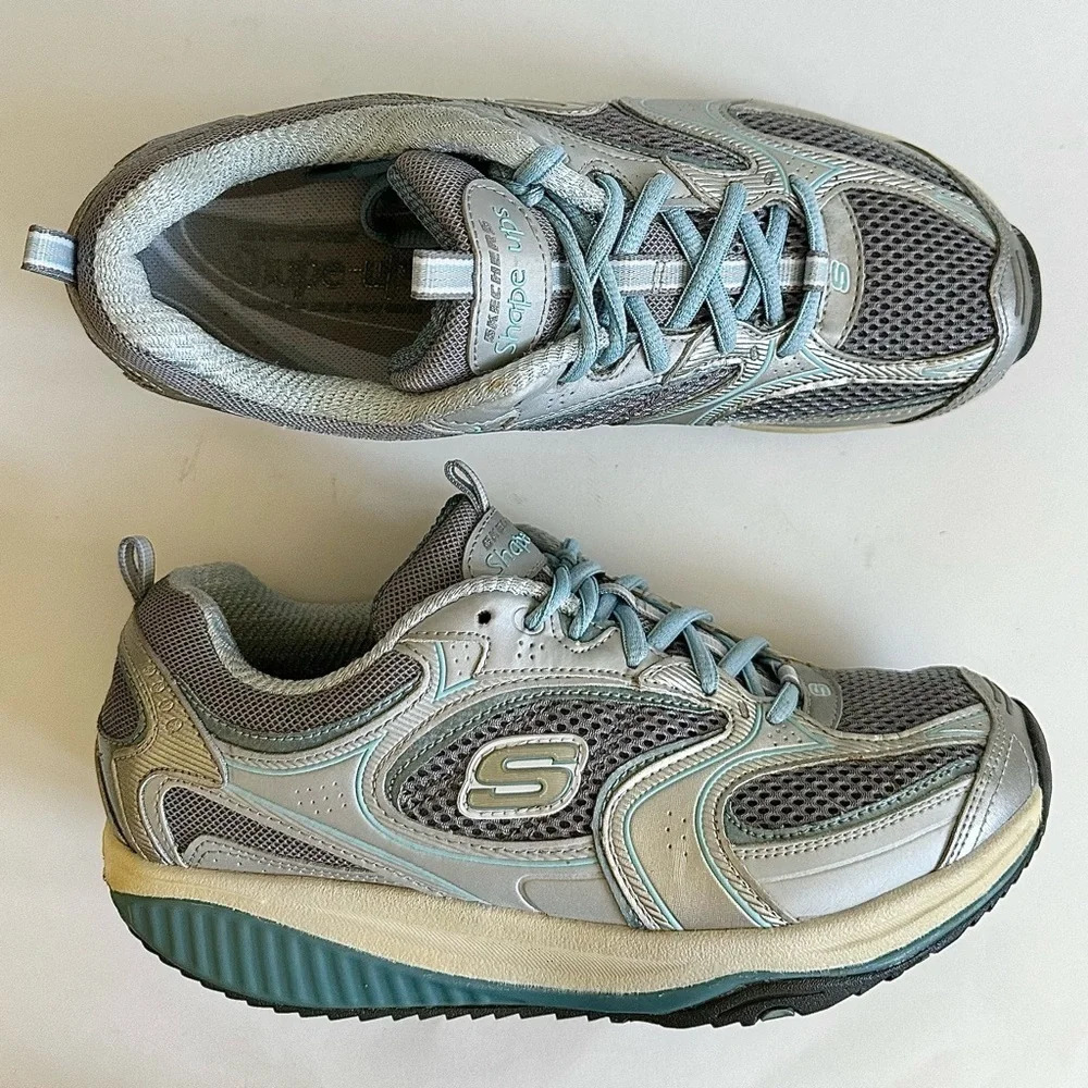 Skechers Womens Shape Ups 12320 Silver Blue Casual Shoes Sneakers Sz 8 Leather